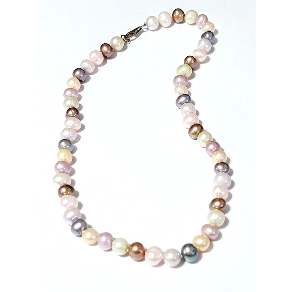 Vintage Multi Color Fresh Water Pearl Double Knotted Necklace, Silver Clasp
